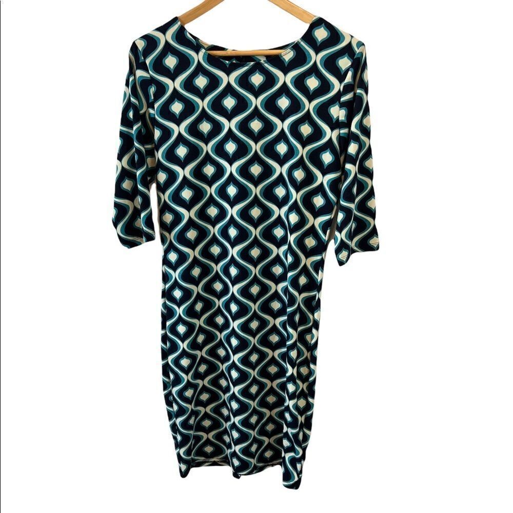 SMASHED LEMON Blue Geo Print Long Sleeve Boat Neck Knee Length Dress 8